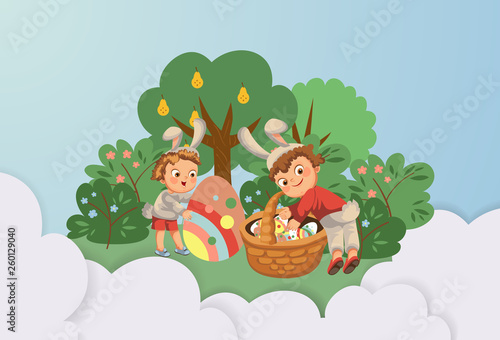 Little boy smile hunting decorative chocolate egg under brush in easter bunny costume with ears and tail, vector illustration, spring holiday fun, isolated on white, paschal basket for eggs hunter