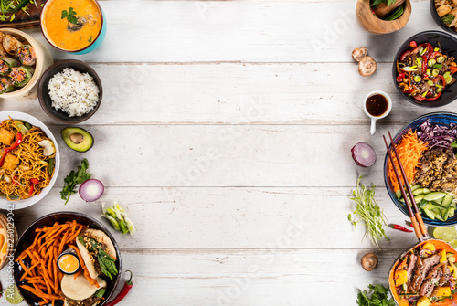 Photography Top view composition of various Asian food in bowl