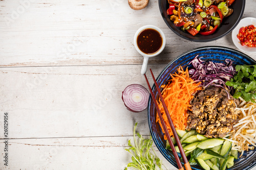 Top view composition of vietnamese food in bowl