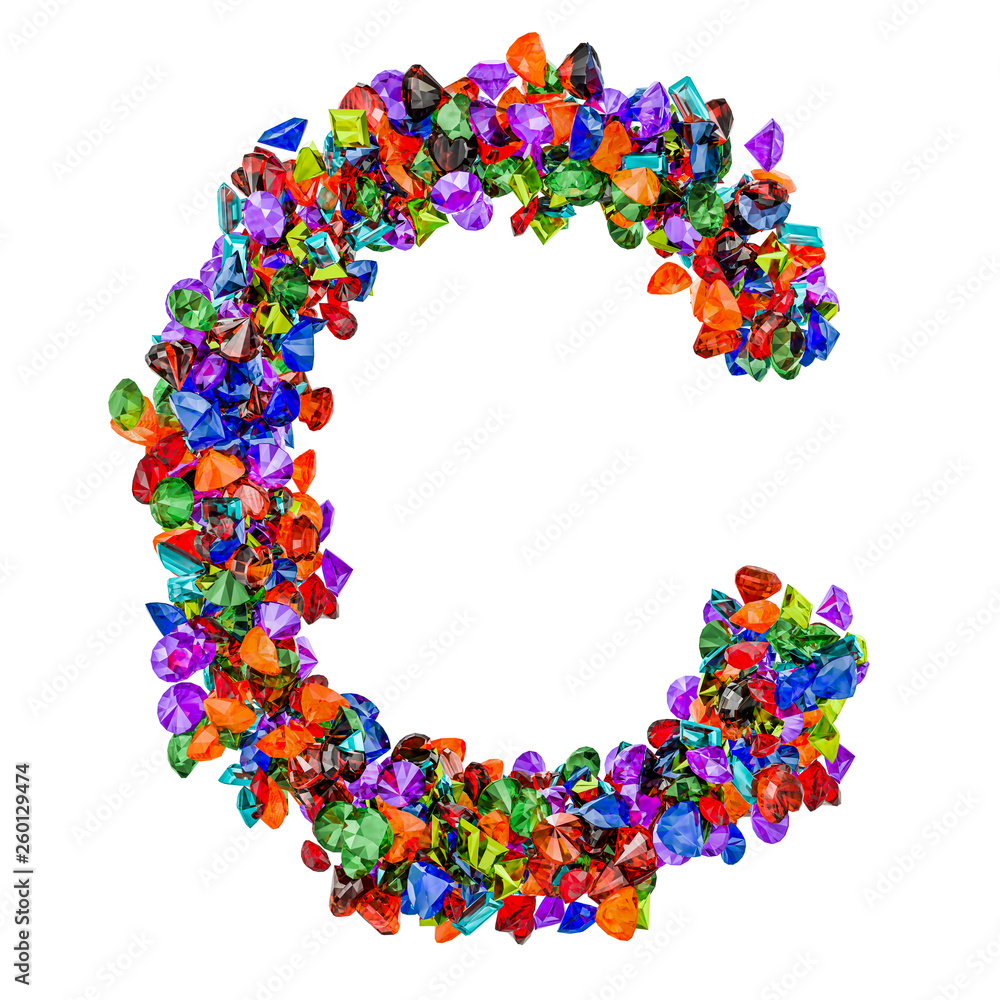 Letter C from colored gemstones. 3D rendering