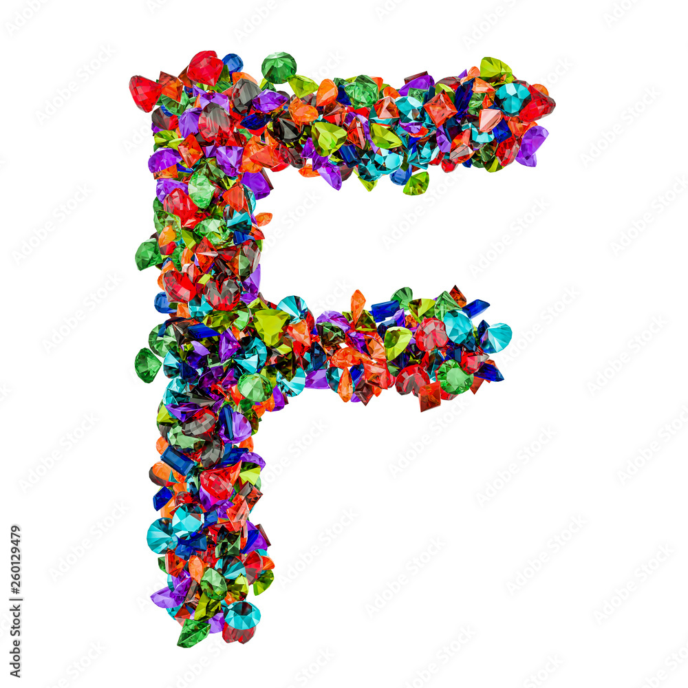 Letter F from colored gemstones. 3D rendering