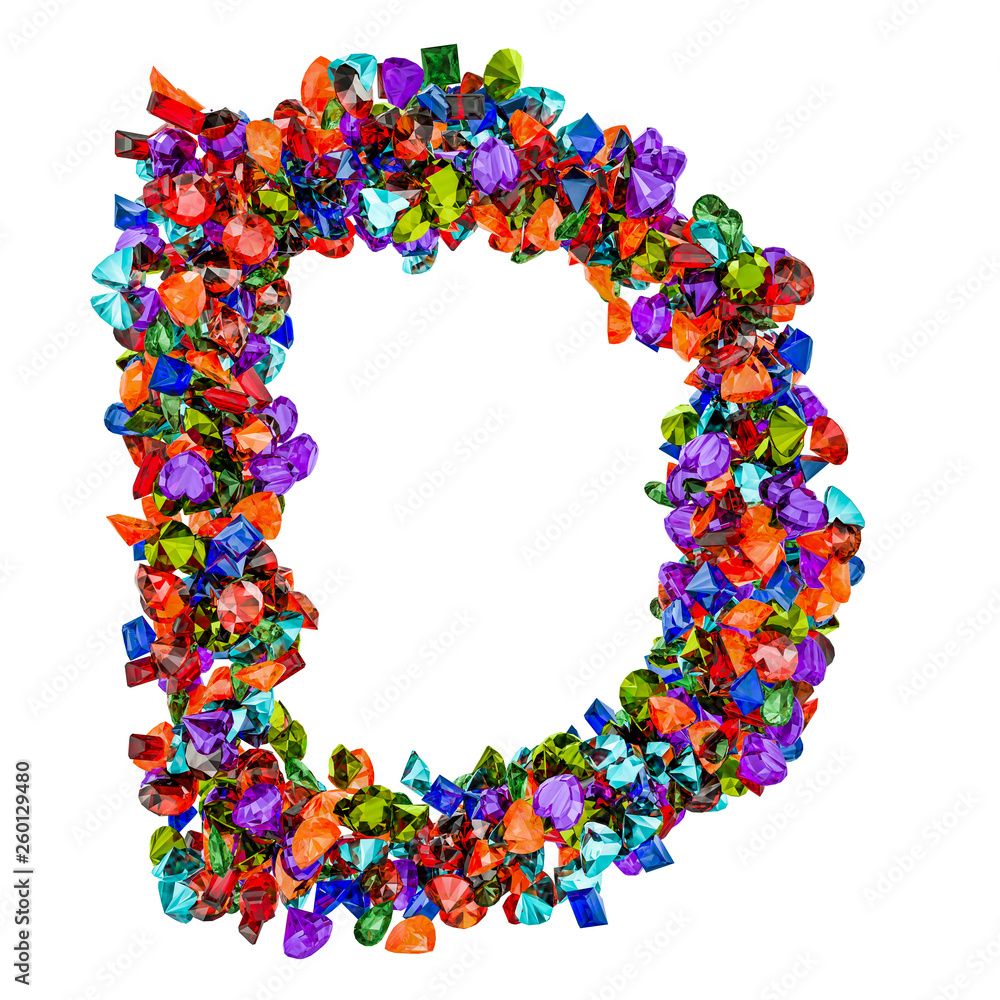 Letter D from colored gemstones. 3D rendering