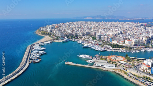 Aerial photo of iconic port of Marina Zeas with boats docked, port of Piraeus , Attica, Greece