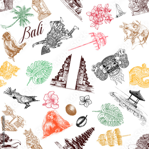 Seamless pattern of hand drawn sketch style Bali themed objects isolated on white background. Vector illustration.