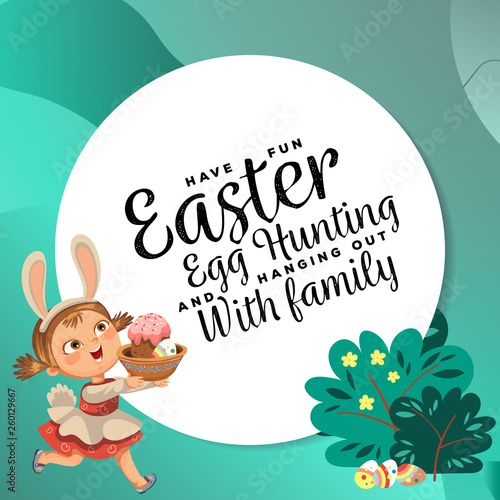 Little girl smile running hunting decorative chocolate egg in easter bunny costume ears and tail vector illustration, spring holiday fun isolated on white, baby run with paschal basket for eggs hunter