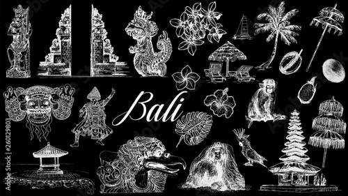Set of hand drawn sketch style Bali themed objects isolated on black background. Vector illustration.
