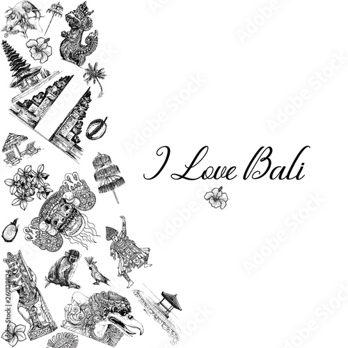 Composition of hand drawn sketch style Bali themed objects isolated on white background. Vector illustration.