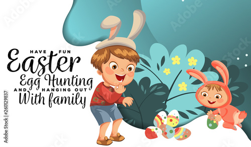 Little boy smile hunting decorative chocolate egg under brush in easter bunny costume with ears and tail, vector illustration, spring holiday fun, isolated on white, paschal basket for eggs hunter