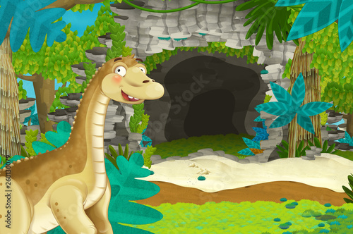 Obraz Kreskówki scena z dinosaura diplodocus apatosaurus w dżungli natury tle - ilustracja dla dzieci