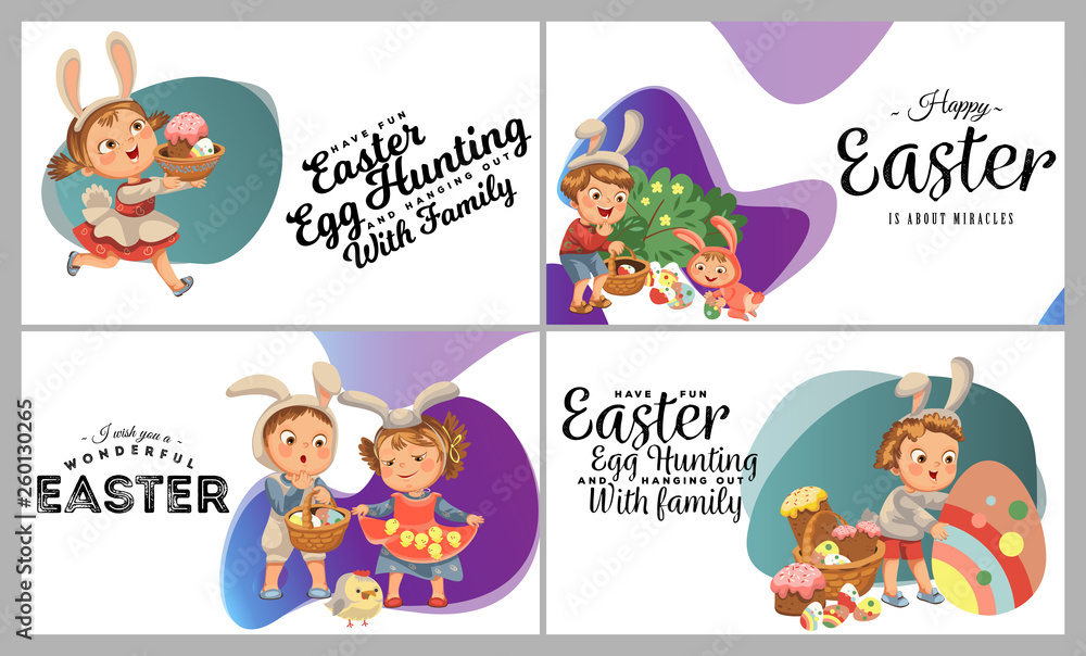 Set of Happy kids in bunny costume with ears hunting easter eggs, childrens play rabbits on spring holiday, decorative basket under bush vector illustration Set of Happy kids in bunny costume with ears hunting easter eggs, childrens play rabbits on spring holiday, decorative basket under bush vector illustration