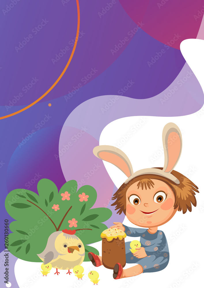 Naklejka premium little girl smile playing with chickens under flowers bush, baby in apron with rabbit ears headband, easter bunny mask for costume vector illustration, spring holiday fun isolated on white
