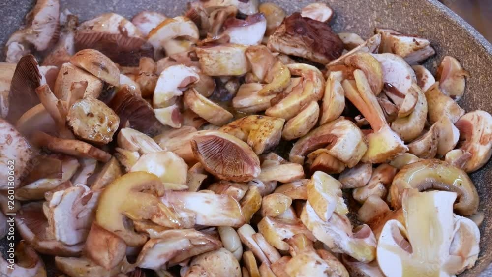 the chef cooks a delicious field mushroom dish. Agaricus campestris, Agaricus bisporus. Champignon, meadow mushroom, cooked with cherry tomatoes, basil, extra virgin olive oil, almond, basil and pasta the chef cooks a delicious field mushroom dish. Agaricus campestris, Agaricus bisporus. Champignon, meadow mushroom, cooked with cherry tomatoes, basil, extra virgin olive oil, almond, basil and pasta