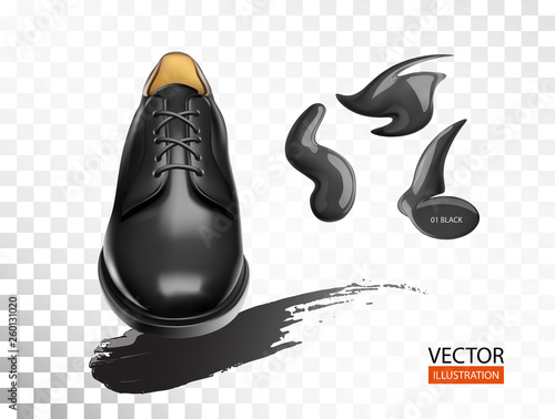Footwear 3D realistic with shoecare cream isolated vector illustration for cobbler shoe shop for ads, promo, web design, flyers, print, brochures, banners of accessories kit for shoeshine service .