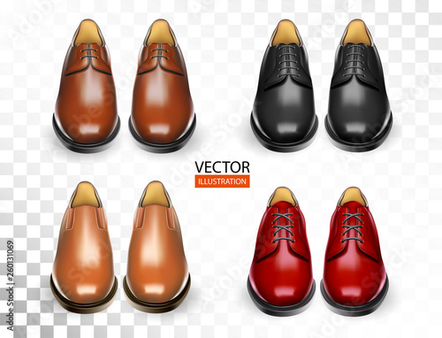 Shoes realistic set with stylish black, red, orange, brown men oxford boots isolated vector illustration for cobbler shoe shop for ads, promo and banner of accessories kit for shoeshine service