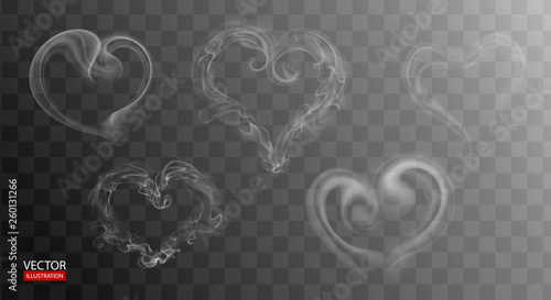 Hot steam over cup on dark or transparent background. White cigarette smoke wave. Set of heart fume on water, tea, food, coffee, ice. Vapor, mist, gas, fog vector illustration. Hazy fragrance on ice
