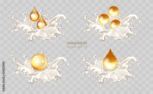 lGolden hair oil ads, beautiful essential oil splashing in 3D illustration. Vector cream, yogurt lotion, cosmetic milk for face and hands. Promotion of premium product ads. Milk waves, drops and blots