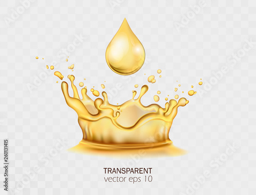 Transparent mango, pineapple, papaya, orange coctail.  Essential oil crown splashing 3D illustration. Vector cream, lotion, cosmetic oil. Promo of petrol, gasoline. Fresh tropical juice waves, drops