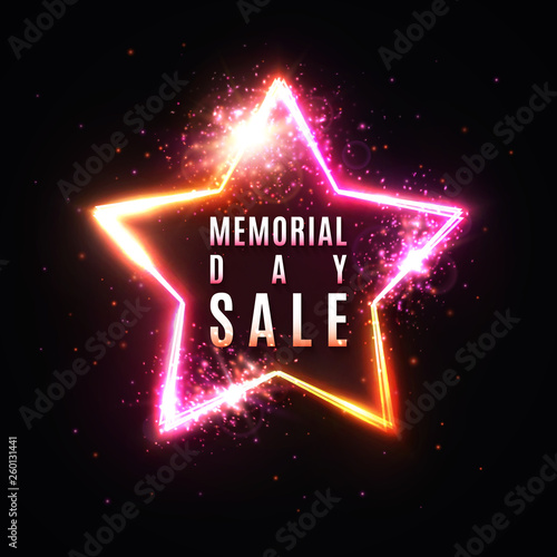 Memorial day sale banner. Realistic 3d glowing star frame on dark red background. Bright vector illustration. EPS 10