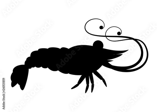 Black silhouette. Cute shrimp. Cartoon animal character design. Swimming crustaceans. Flat vector illustration isolated on white background