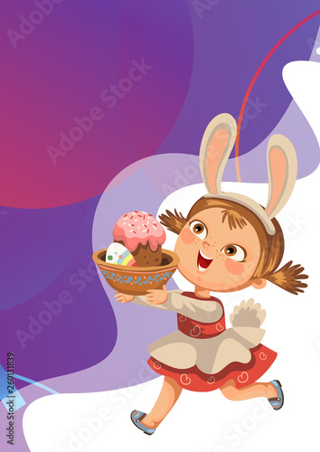Little girl smile running hunting decorative chocolate egg in easter bunny costume ears and tail vector illustration  spring holiday fun isolated on white  baby run with paschal basket for eggs hunter