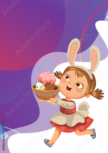 Little girl smile running hunting decorative chocolate egg in easter bunny costume ears and tail vector illustration, spring holiday fun isolated on white, baby run with paschal basket for eggs hunter