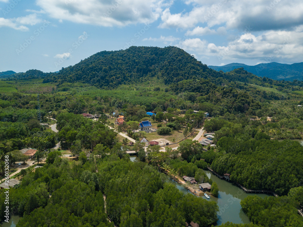 Village in the mangrove forest aerial view. Ko Chang island, Thailand