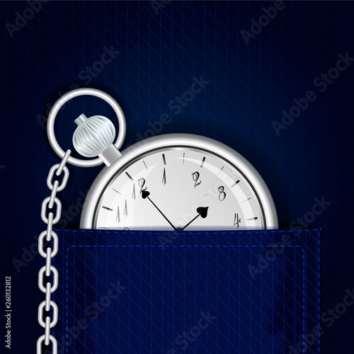 Silver Pocket watch with chain in the pocket.Time management. Control the time and planning. Vector Illustration. 