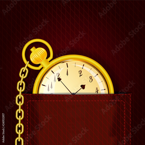 Golden Pocket watch with chain in the pocket.Time management. Control the time and planning. Vector Illustration. 