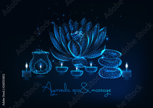 Ayurvedic spa and massage with lotus fower, balancing rocks, aroma lamp, scented candles.