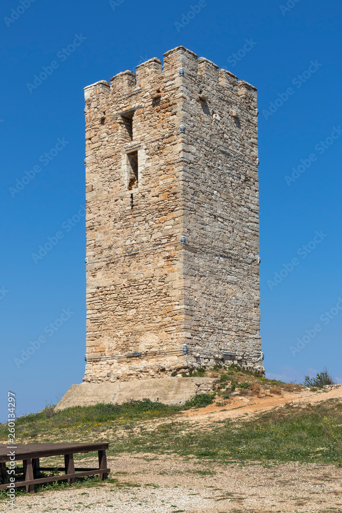 Byzantine Tower in town of Nea Fokea, Kassandra, Chalkidiki, Central Macedonia, Greece