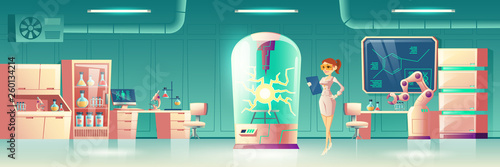 Science experiment in future laboratory cartoon vector concept. Scientist, human genome researcher with tablet in lab with robotic hand, chemical reagents and glass box for reactions illustration