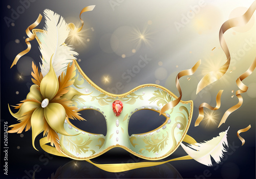 Womens carnival mask decorated with feather, flower and gems 3d realistic vector illustration. Venetian, Mardi Gras carnival, costumed party dressing element, confetti, light sparkles on background