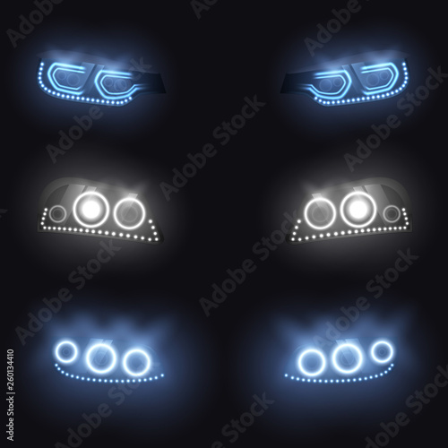Modern car front or back headlights with xenon, laser or LED lamps, glowing neon white, blue light in darkness realistic vector illustration set isolated on black. Vehicle exterior design elements