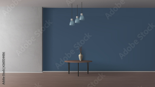Modern apartment, home living room, gallery or cafe minimalistic, empty interior 3d realistic vector with tree dried branch in elegant vase standing on coffee table, three lamps hanging on ceiling
