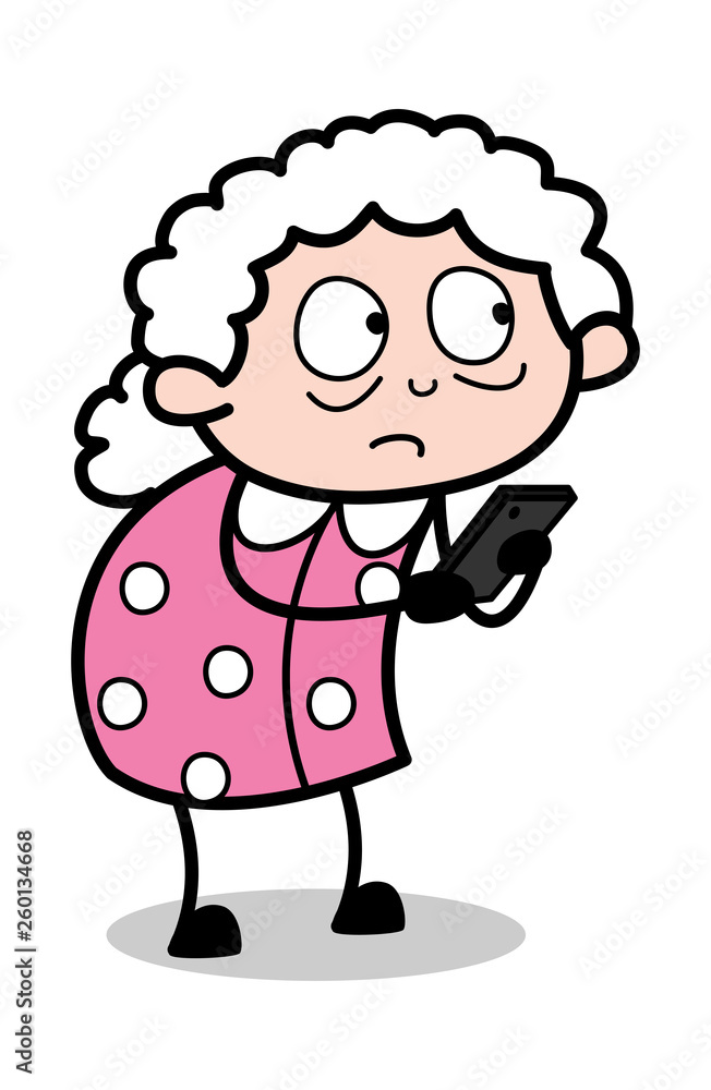 Using Smartphone - Old Cartoon Granny Vector Illustration Using Smartphone - Old Cartoon Granny Vector Illustration