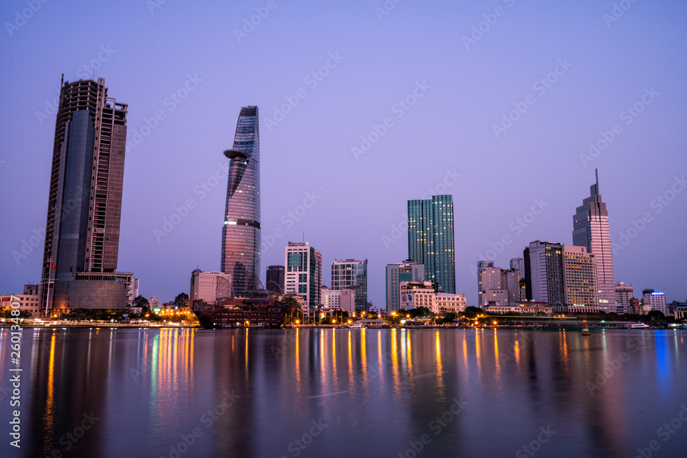 Skyline of the city of Saigon, Vietnam at twilight.  