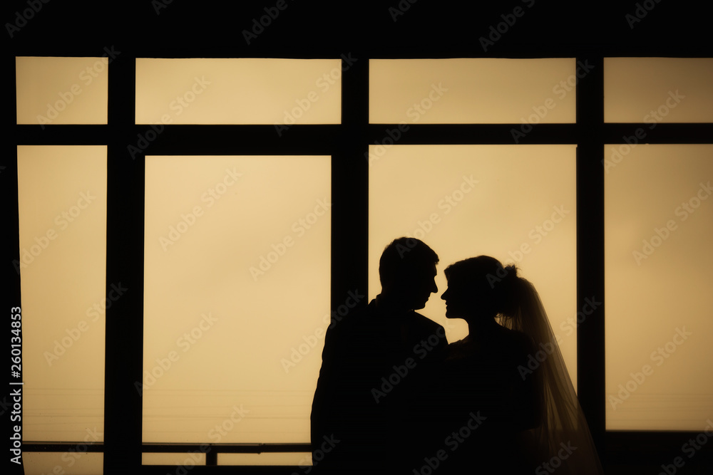 Bride and groom stand near the window. Silhouette of happy family