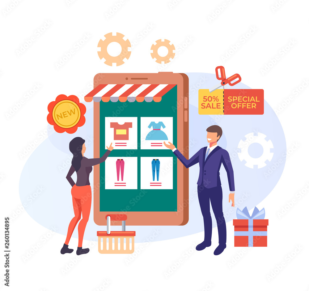 Woman consumer character making purchases with seller consultant. Online  shopping concept. Vector design graphic flat cartoon isolated illustration  Stock Vector | Adobe Stock