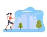 Woman runner character run in city park summer. Healthy lifestyle concept. Vector design graphic flat cartoon isolated illustration 