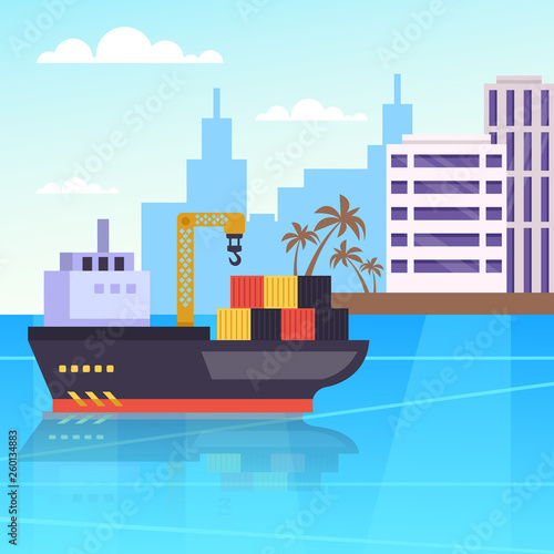 Big container freight ship in seaport harbor. Global cargo delivery shipping industry. Vector design graphic flat cartoon isolated illustration
