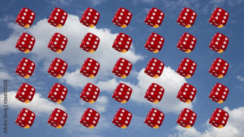 35 red playing dice, rotating on sky background. 35 red playing dice, rotating on sky background.