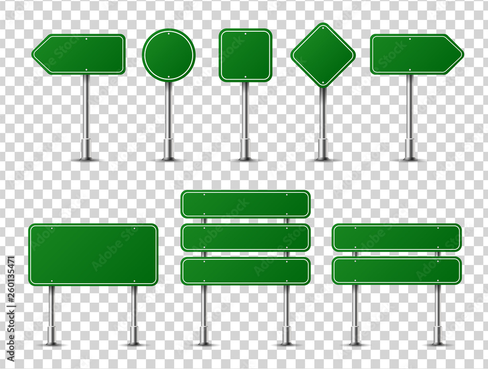 Realistic traffic signs on metal steel pole isolated. Diffrent green road panels mockup - direction highway, board text, city location, street arrows, stop, danger, warning signage. Vector Realistic traffic signs on metal steel pole isolated. Diffrent green road panels mockup - direction highway, board text, city location, street arrows, stop, danger, warning signage. Vector
