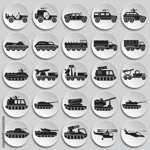 Military vehicles icons set on plates background for graphic and web design. Simple vector sign. Internet concept symbol for website button or mobile app.