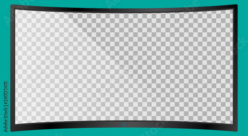Realistic modern curved 4k TV monitor isolated on cyan background. Empty transparent screen template mockup. Blank copy space on PC screen. Vector illustration