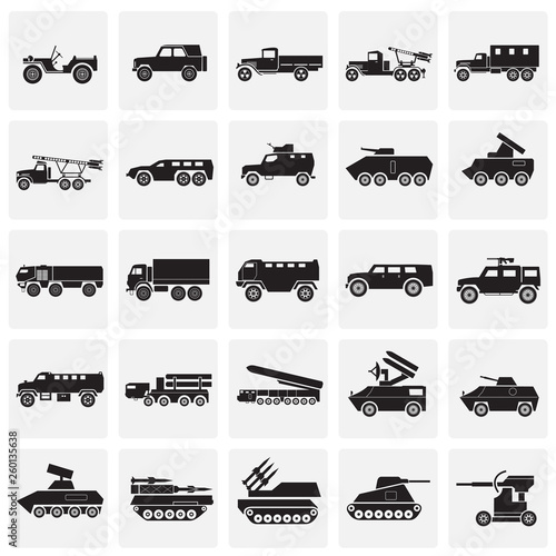 Military vehicles icons set on squares background for graphic and web design. Simple vector sign. Internet concept symbol for website button or mobile app.