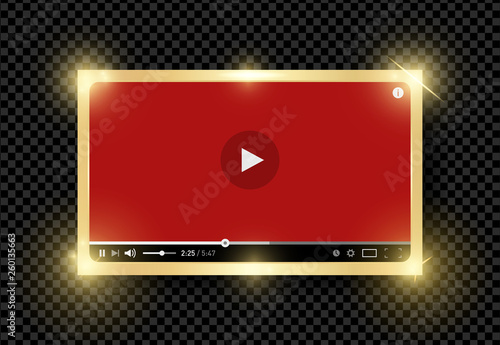 Golden shining modern video red player design template for web and mobile apps flat style isolated on transparent background. Vector illustration