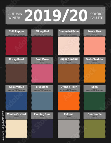 Autumn and Winter 2019 - 2020 fashion color palette. Worlds colors of the year. Palette fashion colors guide with names. Fashion color trend of New York. Vector illustration