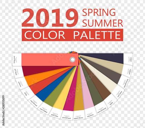 Round paper Spring and summer 2019 colors palette. Fashion trend guide. Palette fashion colors guide with named color swatches, RGB and TCX. Color of the year - living coral. Vector illustration