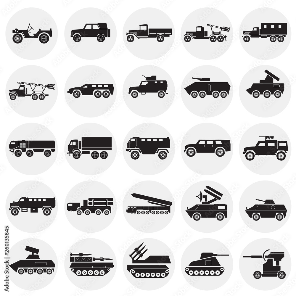 Military vehicles icons set on cirlces white background for graphic and web design. Simple vector sign. Internet concept symbol for website button or mobile app. Military vehicles icons set on cirlces white background for graphic and web design. Simple vector sign. Internet concept symbol for website button or mobile app.