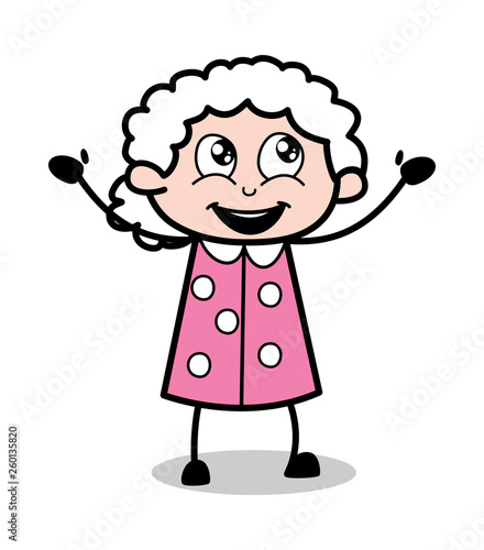 Raising Hands with Happiness - Old Cartoon Granny Vector Illustration